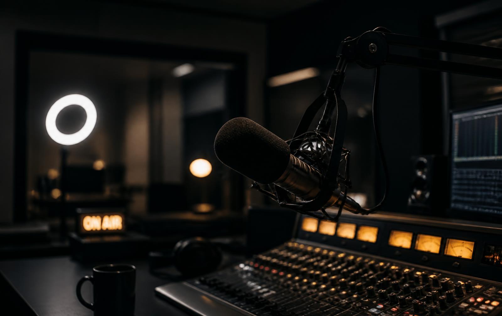 Studio di Danemi Radio con microfono e mixer accesi
